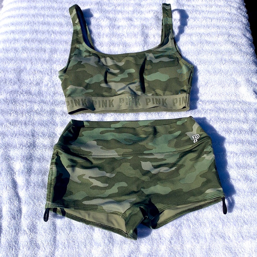 Pink Victoria’s Secret Ultimate matching camouflage top and bottom, XS like new.